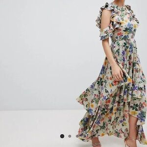 ASOS DESIGN Floral Print Satin Ruffle Sleeve Maxi Dress With Dipped Hem